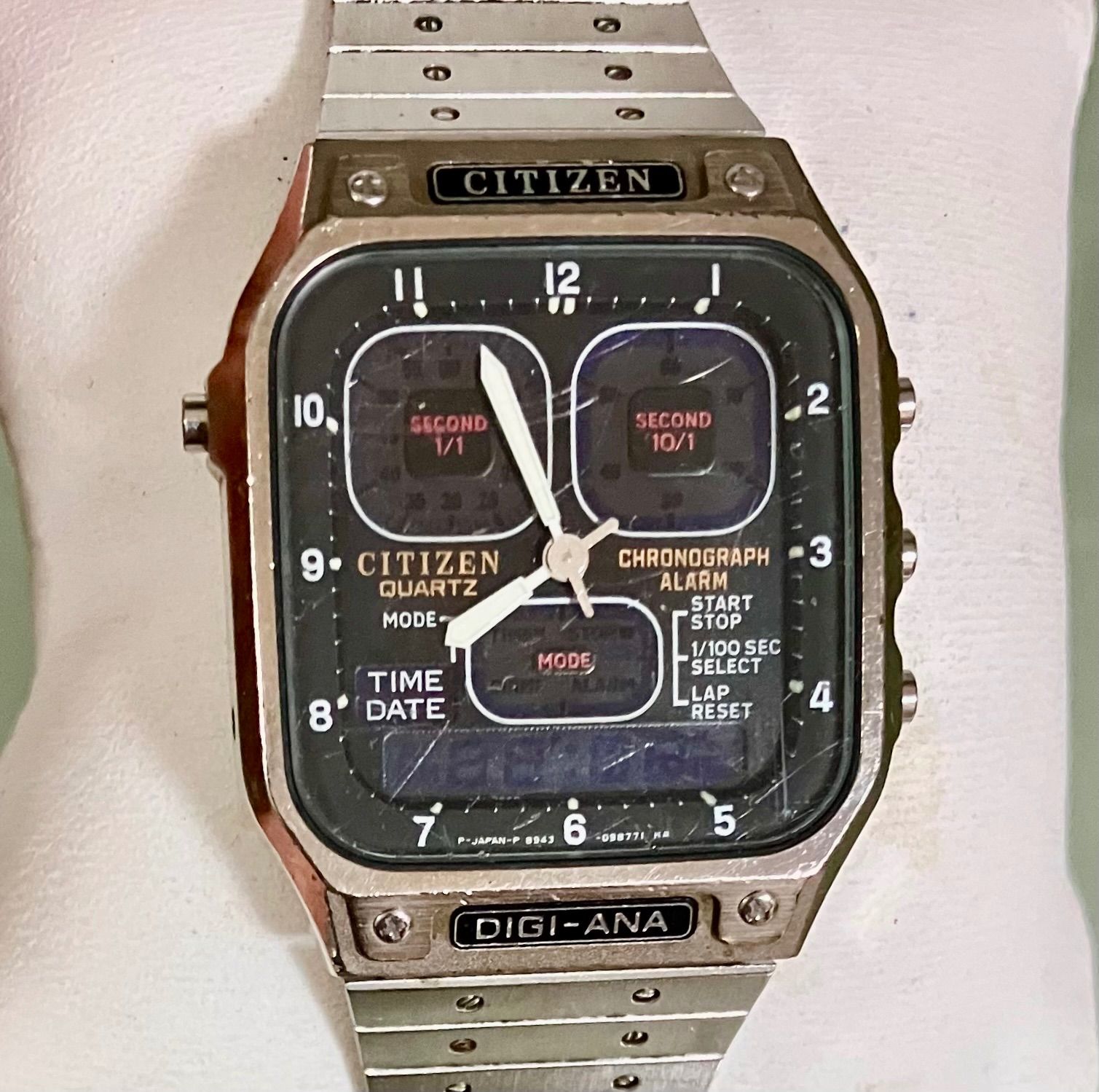 ★CITIZEN シチズン★デジアナ★ジェットボーイ★8943-083652★スクエア★シルバー×ブラック★希少★QZ★メンズ腕時計★