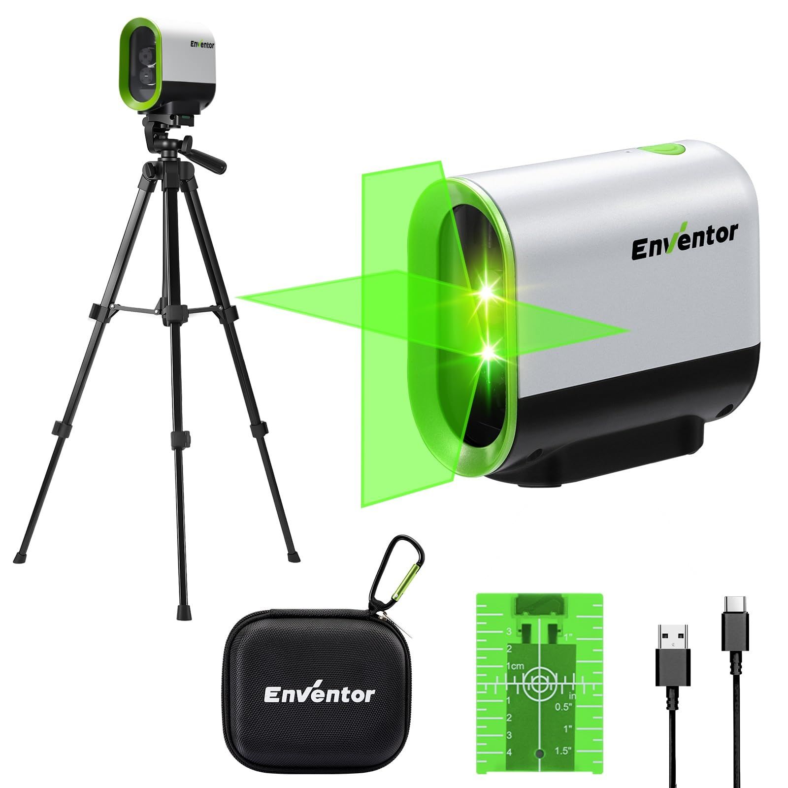 ENVENTOR レーザー墨出し器 レーザークラスII 360°回転可能な水平および垂直ポイント 2つのレーザー出射口 磁気サポート パルス機能 USB充電 充電式電池 IP54 プレゼント 三脚付き（グリーン）(沖縄・離島の方発送不可）) bfa08450