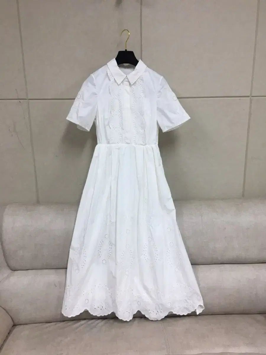 SELF PORTRAIT セルフ・ポートレイト 正規品 白 レース装飾 半袖 シャツカラー ロング丈ワンピース / コットンワンピース