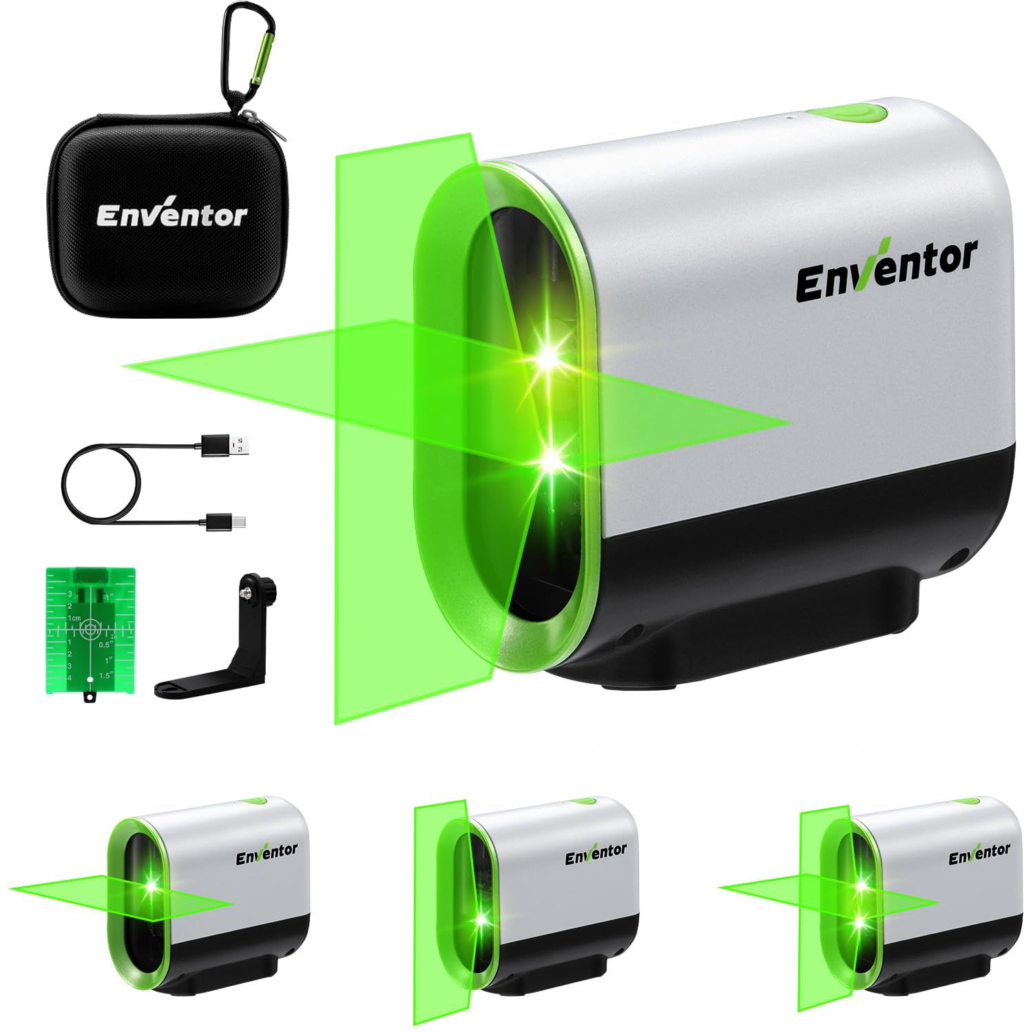 ENVENTOR レーザー墨出し器 レーザークラスII 360°回転可能な水平および垂直ポイント 2つのレーザー出射口 磁気サポート パルス機能 USB充電 充電式電池 IP54 プレゼント（グリーン）koe 0f576886