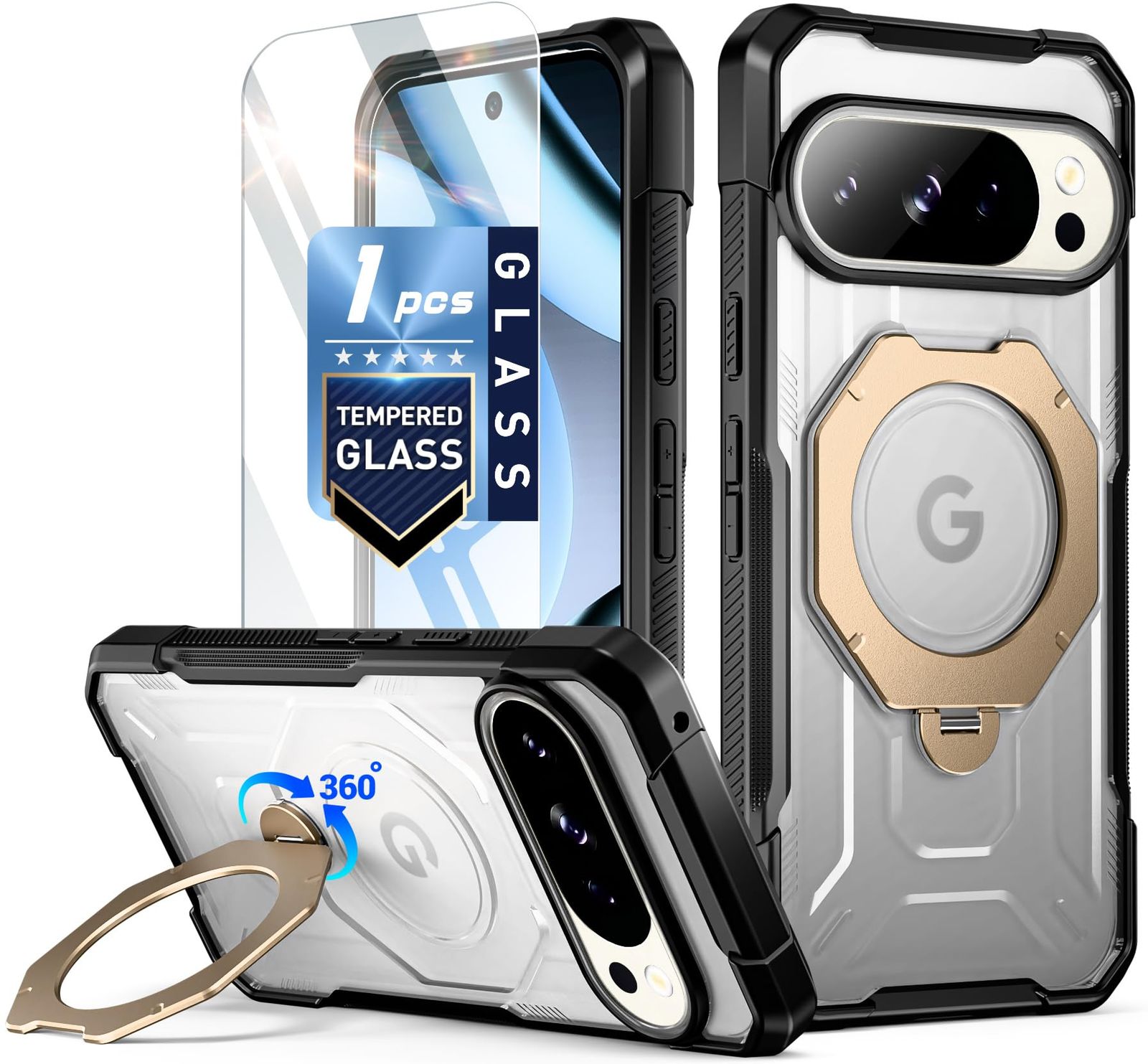 新品 POETIC Pixel 10 Pro ケース/Pixel 10 ケース | ミリタリーグレードの落下防止保護カバー | 360°回転マグネット式リングキックスタンド | 強化ガラススクリーンプロテクター | MagSafe 対応 | ゴールド/クリア