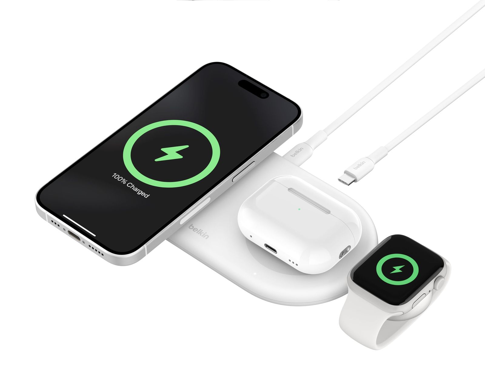 新品 Belkin 3 in 1 ワイヤレス充電器 Qi2公式認証/MagSafe対応 iPhone1716～12/スマートフォン(最大15W高速充電) AirPods/ワイヤレス充電対応イヤホン(5W充電) Applewatch対応 9/8/7/Ultra