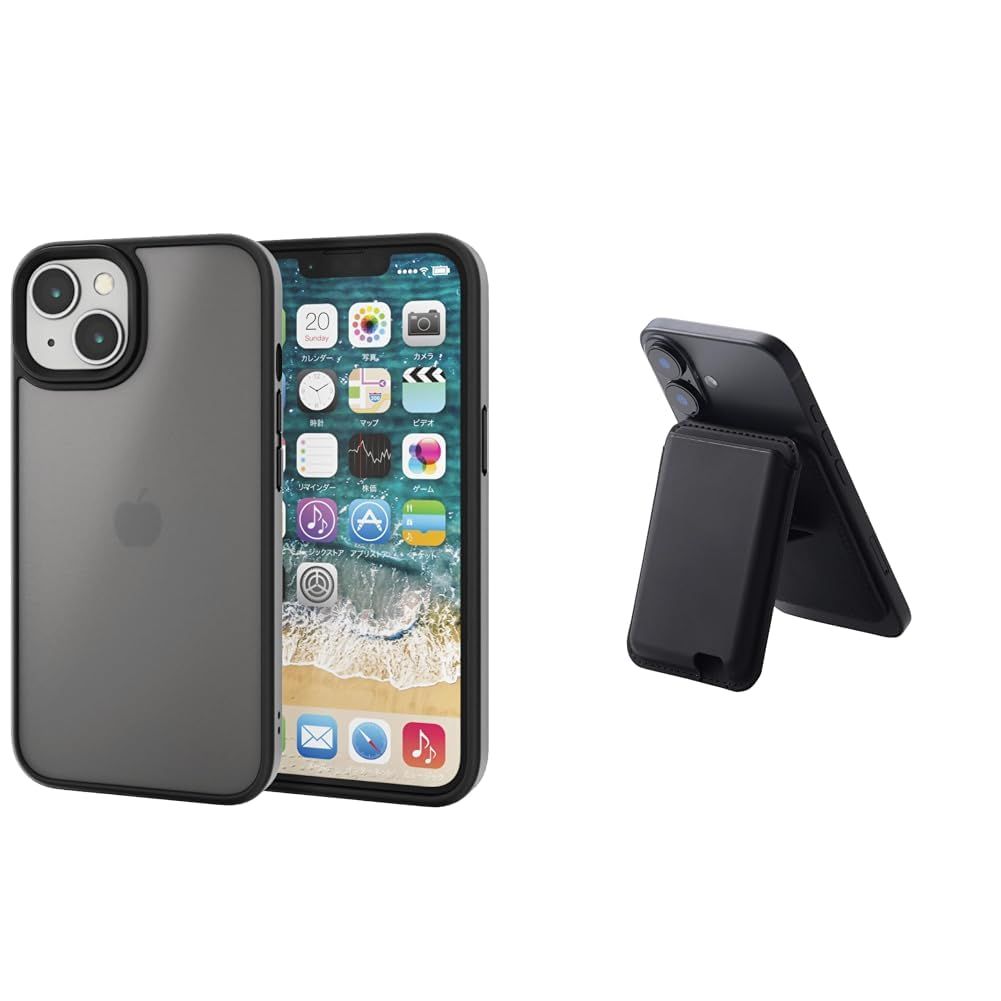 新品 【マグネットウォレットセット】 エレコム iPhone 14 / 13 ケース 耐衝撃 米軍MIL規格 半透明 マット仕上げ ストラップホール付き ハイブリッドケース カメラ保護設計 ワイヤレス充電 指紋防止 PMWA22AHVCKBK + エレコム ウ