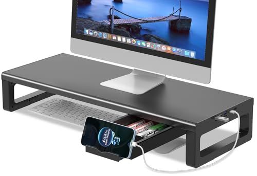 EAYHM モニター台 USB2.0/3.0データ転送付き 机上台 USB/TYPE-C充電付き ディスプレイ 台 引き出しとスマホホルダー付き パソコン 台 モニタースタンド プリンター/iMac/タブレットパソコンに適用 耐荷重25kga a7a7b09e