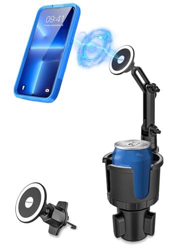 ドリンクホルダー スマホスタンド マグネット【 高さ調整】 車載 2in1 カップホルダー エアコン吹き出し口 スマートフォン ホルダー 360度回転 落下防止 な磁石 安定性 片手操作 magsafe 日本語説明書付き 4-7インチ全機種対 533d9c6b