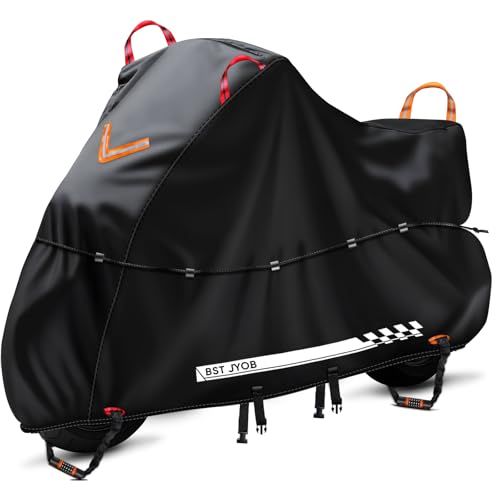バイクカバー 500D 厚手 防水 【独自の腰紐付き・強風対策】 オックスフォード生地 ロック穴前後対応 反射材 二重防風ベルト UVカット 盗難防止 防雪 防塵 収納バッグ付き （3XL、ブラック）AR 20179641