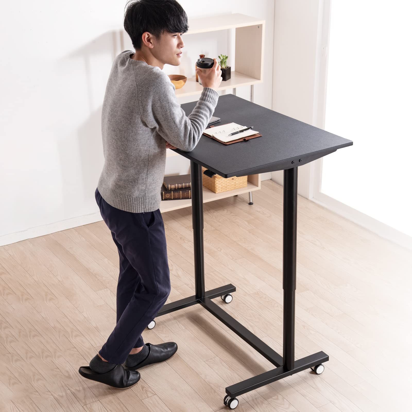 タンスのゲン スタンディングデスク 昇降デスク 幅90cm 高さ71?109cm 無段階高さ調節 パソコンデスク PCデスク ワンタッチ 昇降 ダイニング 昇降式 キャスター ロック式 45400021 02 (69136)(沖縄・離島の方発 78641aad