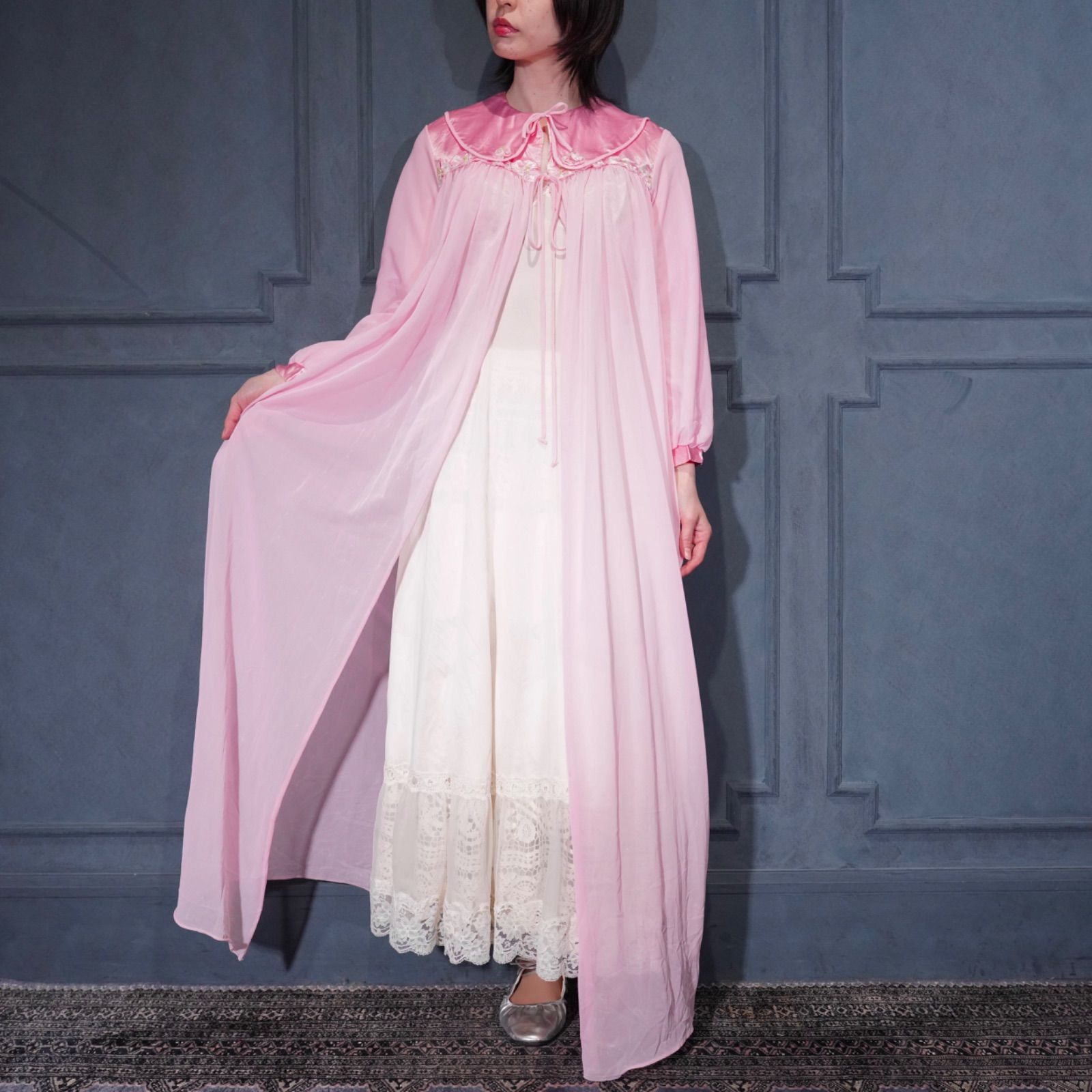 60's USA VINTAGE gmc BIG COLLAR FLOWER DESIGN SHEER NIGHTY DRESS GOWN/60年代アメリカ古着ビッグカラーお花デザインシアーナイティドレスガウン