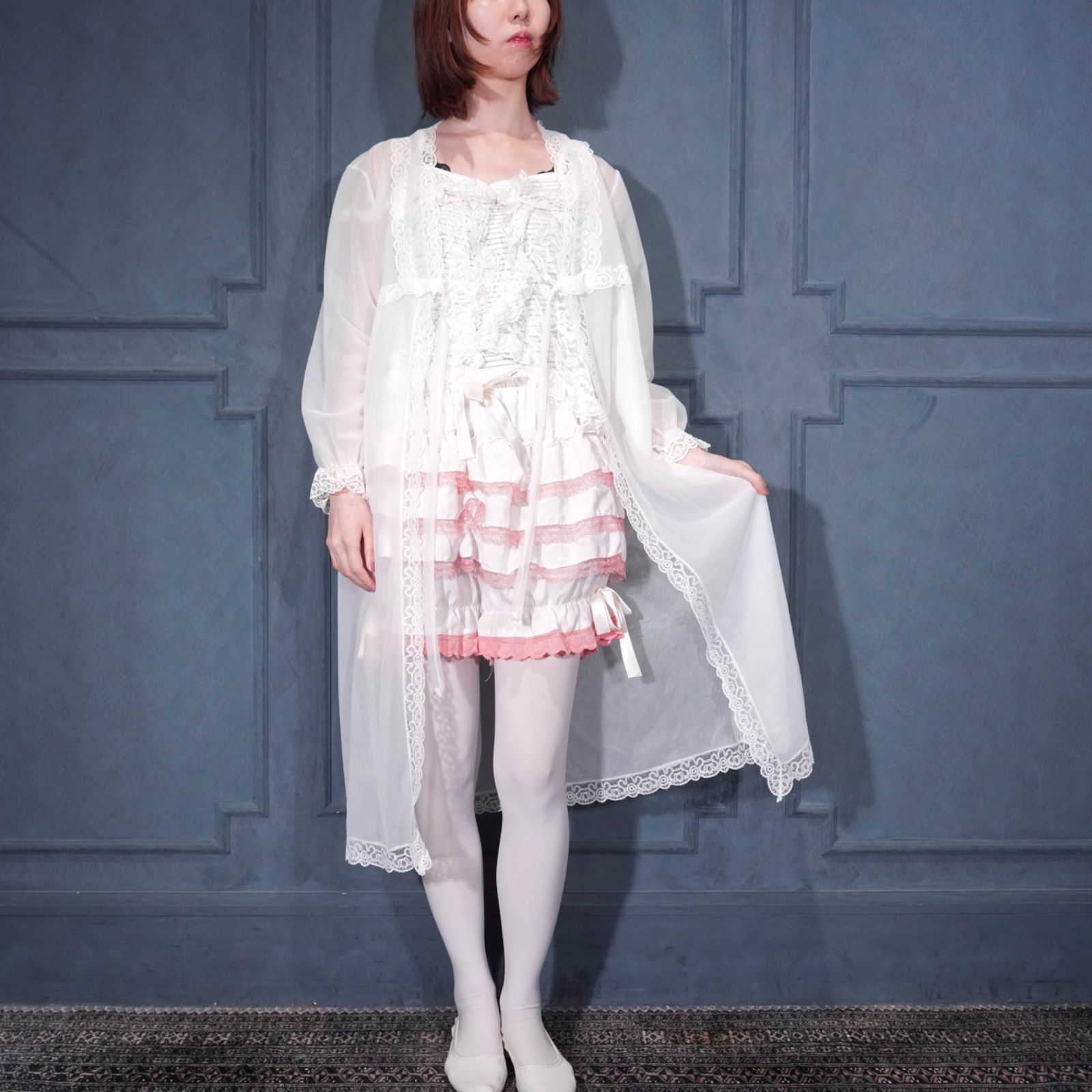 80’s〜 USA VINTAGE HERMANAS LACE SHEER DESIGN NIGHTY DRESS GOWN/80年代〜アメリカ古着レースシアーデザインナイティドレスガウン