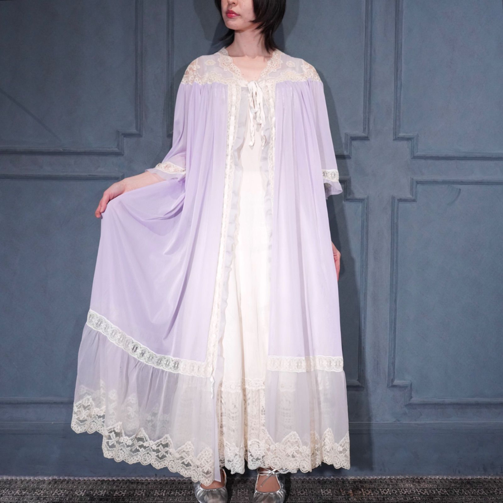 60’s〜 USA VINTAGE LACE DESIGN NIGHTY DRESS GOWN/60年代アメリカ古着レースデザインナイティドレスガウン