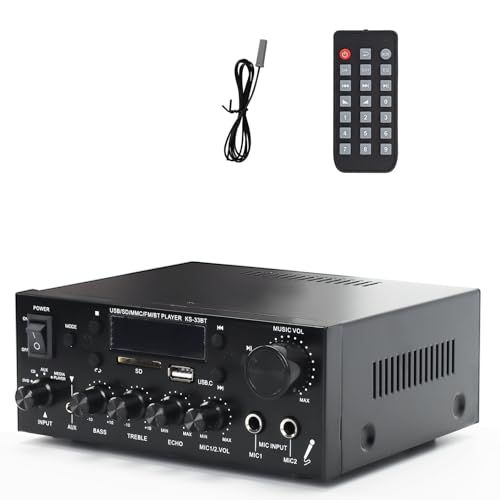 パワーアンプ オーディオサウンドアンプ カラオケアンプ デュアルマイク入力 Bluetooth対応 USB/SD/MMC/AUX/エコー対応 最大出力200W FMラジオ 19.3x18x6.5cm パーティー/宴会用 忘年会 新年会 結婚式 6e981c52
