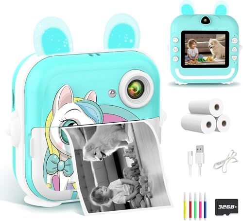 PTHTECHUS 子供用プリントカメラ キッズカメラ トイ 印刷インスタントカメラ 4800万画素 1080P 2.4インチ IPSスクリーン 32GB メモリーカード USB充電 子供用デジタルカメラ 幼児向けビデオ 女の子 男の子 子供 84cac867