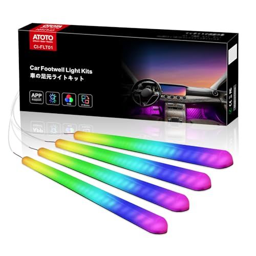 ATOTO 車用 LEDテープライトAPPコントロール付き、160LED RGB 車内LEDライト車内装飾用、1600万色切替 DIYマルチカラーモード、音に反応 音楽同期、2ラインデザイン、フロントとリアの独立制御、超高輝度フットランプ 足 c02acd86