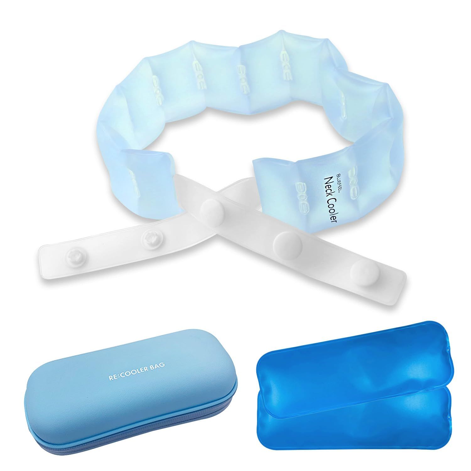 BLUEFEEL アイス ネッククーラー Comfort & 再冷却バック セット [ 高純度 PCM 首元ひんやり 18℃凍結 サイズ調整（5段）暑さ対策グッズ 軽量 85g 高耐久TPU ネックリング] ブルー BLF25128set 【 be654e9a