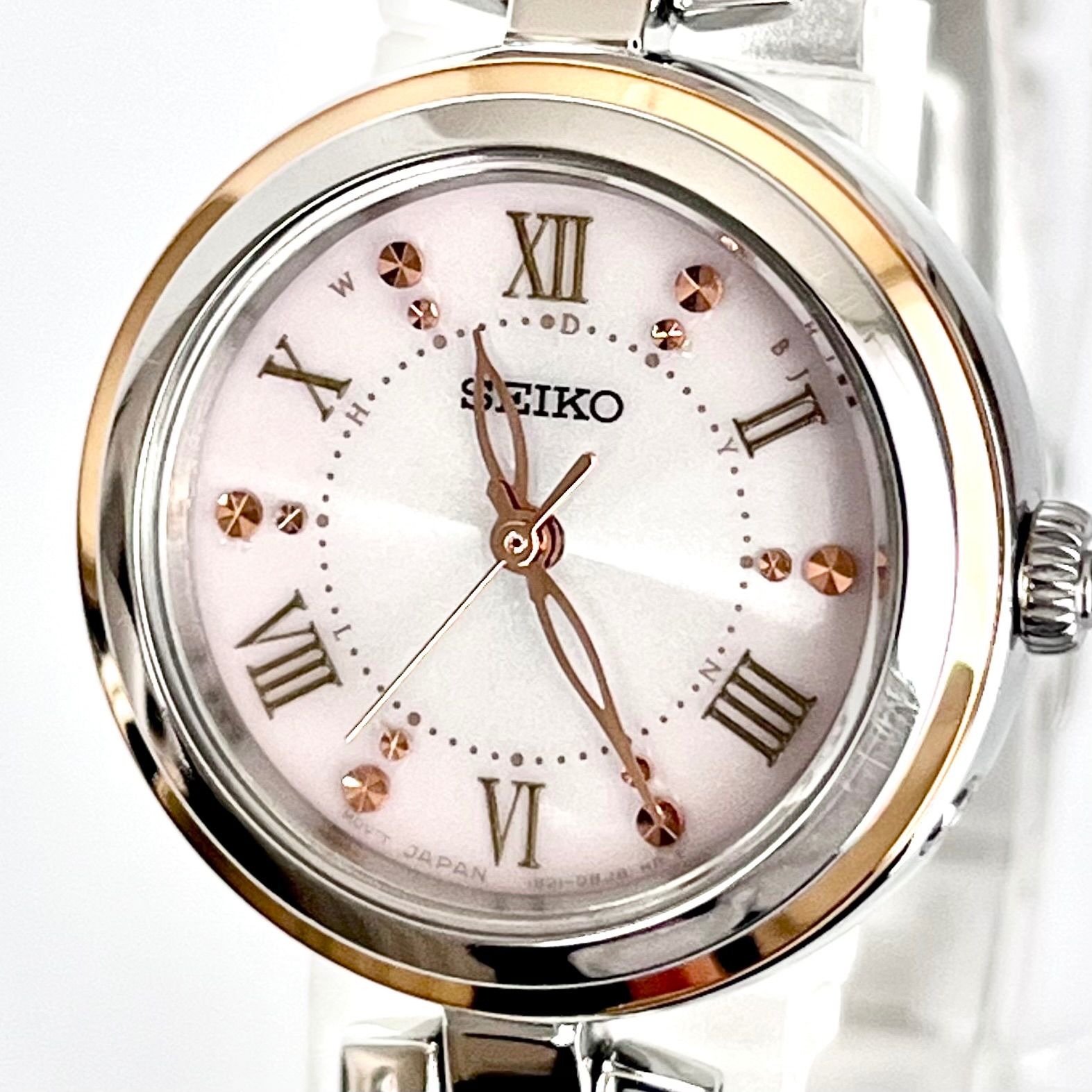 【セイコー レディース 腕時計 稼働 電波ソーラー 磨き済み】SEIKO 美品 ピンク文字盤 ゴールド