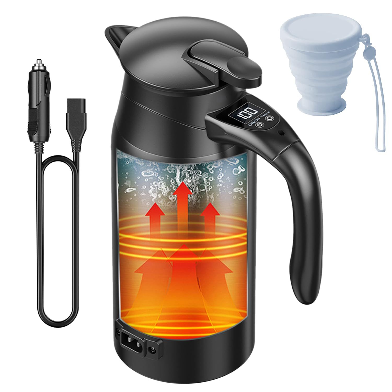 車載電気ケトル 車用電気ポット DC12V/24V対応 大容量800ml 55℃?100℃温度調整 折り畳むカップ付 迅速沸騰 車用湯沸かし器 自動車加熱ボトル 車載カップ LCD温度表示 お湯作り ブリューミルク 車中泊 湯ボルト アウトド 54fa4af1
