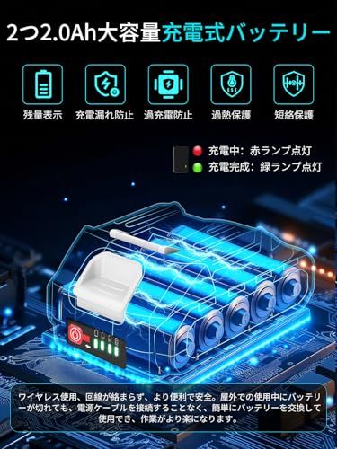洗車 ブロワー 強力 ブロアー 充電式 残量表示 PSE認定 コードレス ブロワ 2000mAh大容量バッテリ一2個搭載 マキタ18Vバッテリー対応可能 エアブロー 小型 軽量 送風と集塵1台2役 庭掃除 落ち葉掃除機 日本語取扱説明書付き（ 2876d695