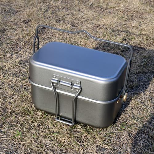 雷鳥飯盒 肉厚 真鍮耳金 アウトドアクッカー アルミ角型メスキット 鍋 キャンプポット 水蒸気炊飯2合（チタン色）/ 55884fcf