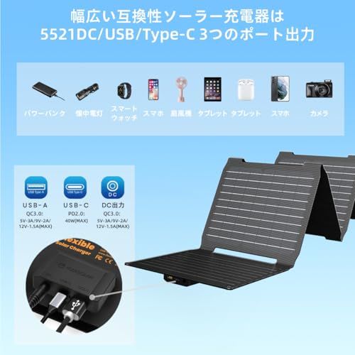 Flexsolar 40W ソーラーパネル小型 USB-C/USB-A/DC出力 ソーラー 充電器チャージャー折り畳み式 薄型超軽量太陽光パネル 防水 防塵地震 災害 停電対策 キャンプ アウトドア Phone/Pad/Android/LG 90869e12