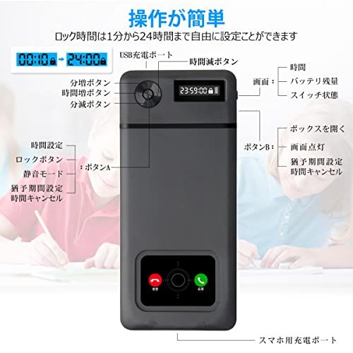 タイムロッキングコンテナ スマホ ロックボックス 禁欲ボックス タイムロックボックス タイムロッキング スマホロック スマホ 封印 タイム ロック ボックス 丈夫 USB充電式 90日の連続使用時間 静音モ一ド 二つの充電口付き 時間を自由に 0e26f556