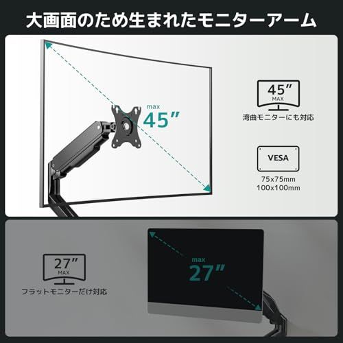 モニターアーム 45インチまで対応 耐荷重16kg ガススプリング式 シングル液晶PCディスプレイアーム フルモーション多角度調節 クランプ式・グロメット式 省スペース VESA 75/100mm対応 AC60-12B★m 6ca5b645