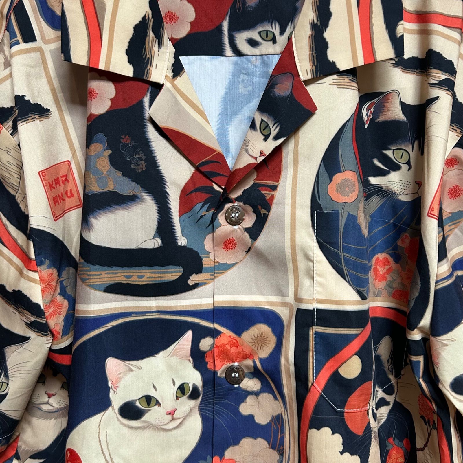 KARAKU 明治時代の猫 総柄 浮世絵風 アロハシャツ XL カラク 半袖