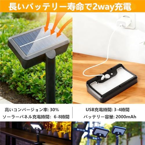 センサーライト 屋外 ソーラーライト 2個セット 92LED IP65防水 ソーラー 人感 超高輝度 USB充電可 クリップ式 2WAY設置 垂直と水平 人感センサー 大容量 自動点灯消灯 ガーデンライト フェンス 柵 キャンプ用 芝生 公園 0bcefd74