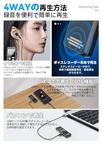 ottosvo ボイスレコーダー 【革新デザイン ライン入力録音 3.5mm外付けマイク付属】 ICレコーダー 小型 32GB大容量 1536kbps 最大115時間連続使用 OTG対応 録音機 通話録音対応 A-Bリピート と巻き戻し VO b14bfad3