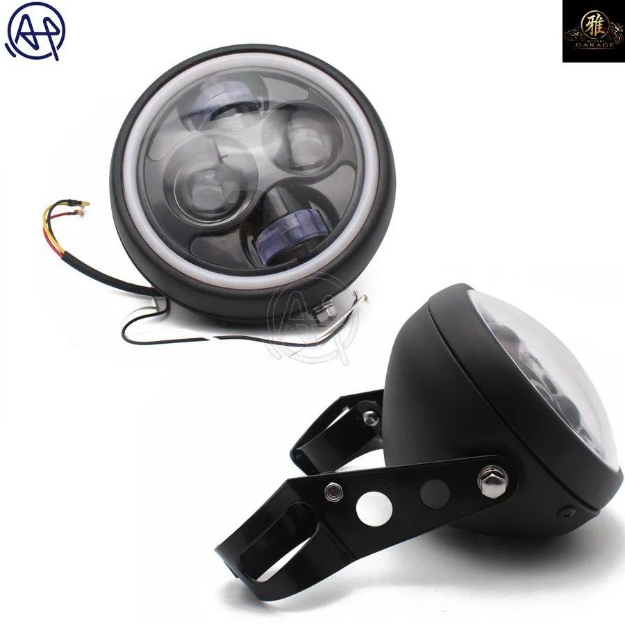 6.3インチ レトロ ビンテージ モーターサイクル LED エンジェルライト ハイ/ロー ビーン ヘッドライト +35-43mm フォークチューブ ブラケッ