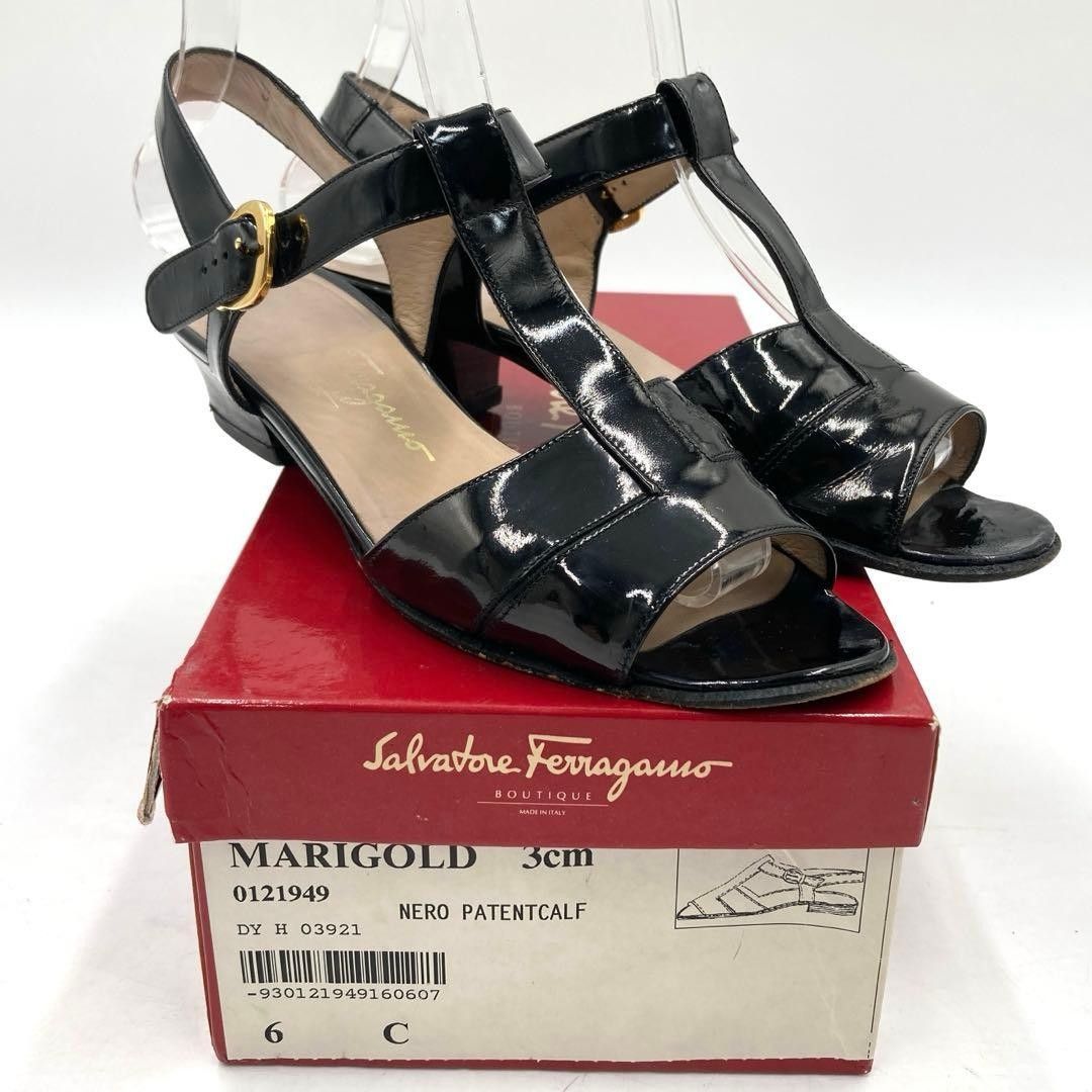 サルバトーレフェラガモ サンダル 23.5cm 6 エナメル ブラック Salvatore Ferragamo