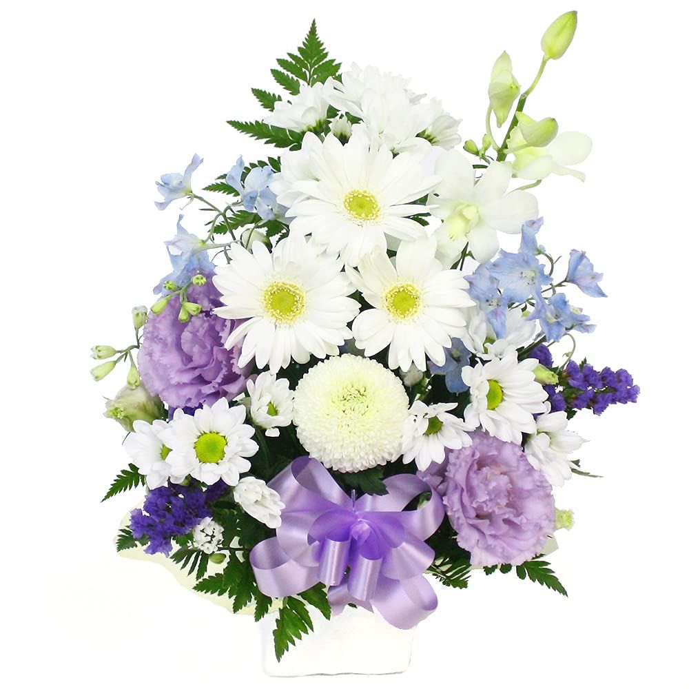 お供え 花 アレンジメント 生花 お花 Condolence 弔事 御供 法要 命日 四十九日 弔花 お供えアレンジ(お任せスタンダード)白&紫系e 92b317d7