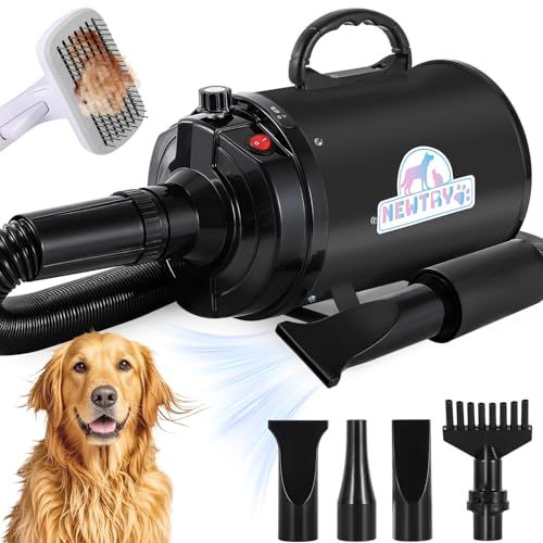 NEWTRY ペットドライヤー 犬用 ペット用 ドライヤー ブロワー 送風機 無段階速度制御 3つのノズル付き ブラシ付き 風速、温度調整可能 大風量 騒音低減 100V 50Hz/60Hz 650-1800W (黒)e 5c2d747e