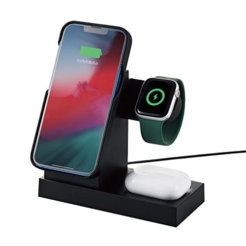 エレコム ワイヤレス充電器 マグネット内蔵 7.5W+5W スタンド 3in1 Apple Watch 充電器 はめ込み式 【Magsafe規格対応のiPhone 14/13/12、Apple Watch、AirPods 対応】 ブラック W 82754c0c
