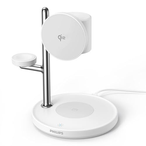 Philips (フィリップス) 3-in-1ワイヤレス充電器 Qi2対応 最大15W 照明ライト付き マグネット式 MagSafe充電器 スタンド型 スマホ/ウォッチ/イヤホン対応 置くだけ充電 iphone16/15/14/13シリーズ 6fe1dad0