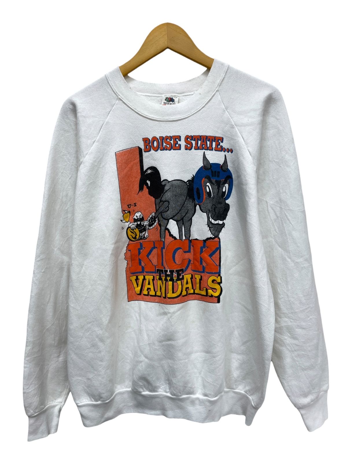 FRUIT OF THE LOOM (フルーツオブザルーム) USA製 80s ビンテージ スエット トレーナー ラグラン KICK THE VANDALS 両面プリント ピザハット バドワイザー 古着 XXL ホワイト メンズ/025