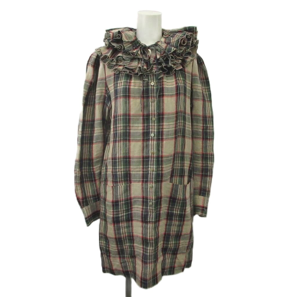 バレンシアガ BALENCIAGA ワンピース チュニック 麻 リネン L マルチカラー チェック柄 フリル襟 長袖 /KK ■GY62