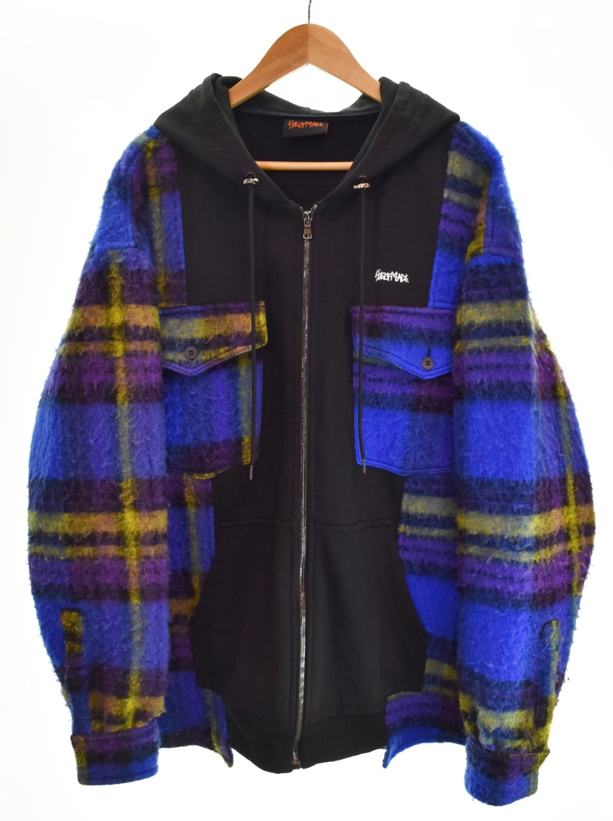 セルフメイド SELF MADE イタリア製 Zip Hoodie ウール混 ジップフーディー ジャケット 切替 ドッキング チェック柄 L パーカ ブラック Lサイズ 103MT-4646