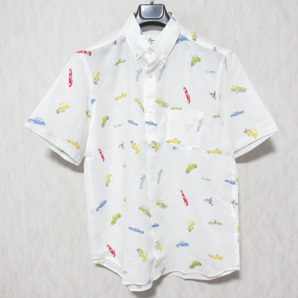 美品 Papas+ パパス プラス 車 カープリント リネン ショートスリーブ ボタンダウン BDシャツ M ホワイト メンズ 古着 中古 USED
