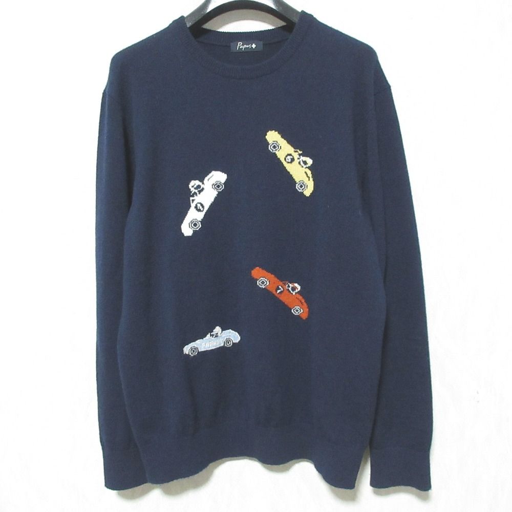 美品 Papas+ パパス プラス レーシングカー 車柄 カシミヤブレンド クルーネック ニット セーター M ネイビー メンズ 古着 中古 USED