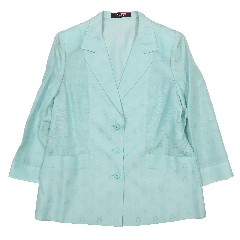LEONARD FASHION レオナールファッション シルク コットン テーラードジャケット 3B ロゴ シアー 13 グリーン レディース 古着 中古 USED