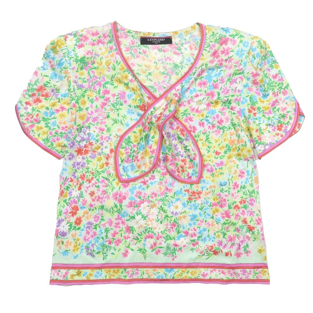 美品 LEONARD FASHION レオナールファッション 肩パッド カットソー 半袖 Vネック ショートスリーブ 花柄 トップス L マルチカラー レディース 古着 中古 USED