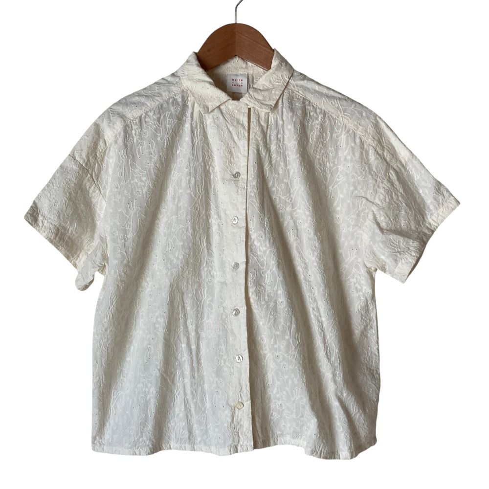 美品 bulle de savon ビュルデサボン 刺繍 ショートスリーブ シャツ ブラウス サイズF ホワイト レディース 古着 中古 USED