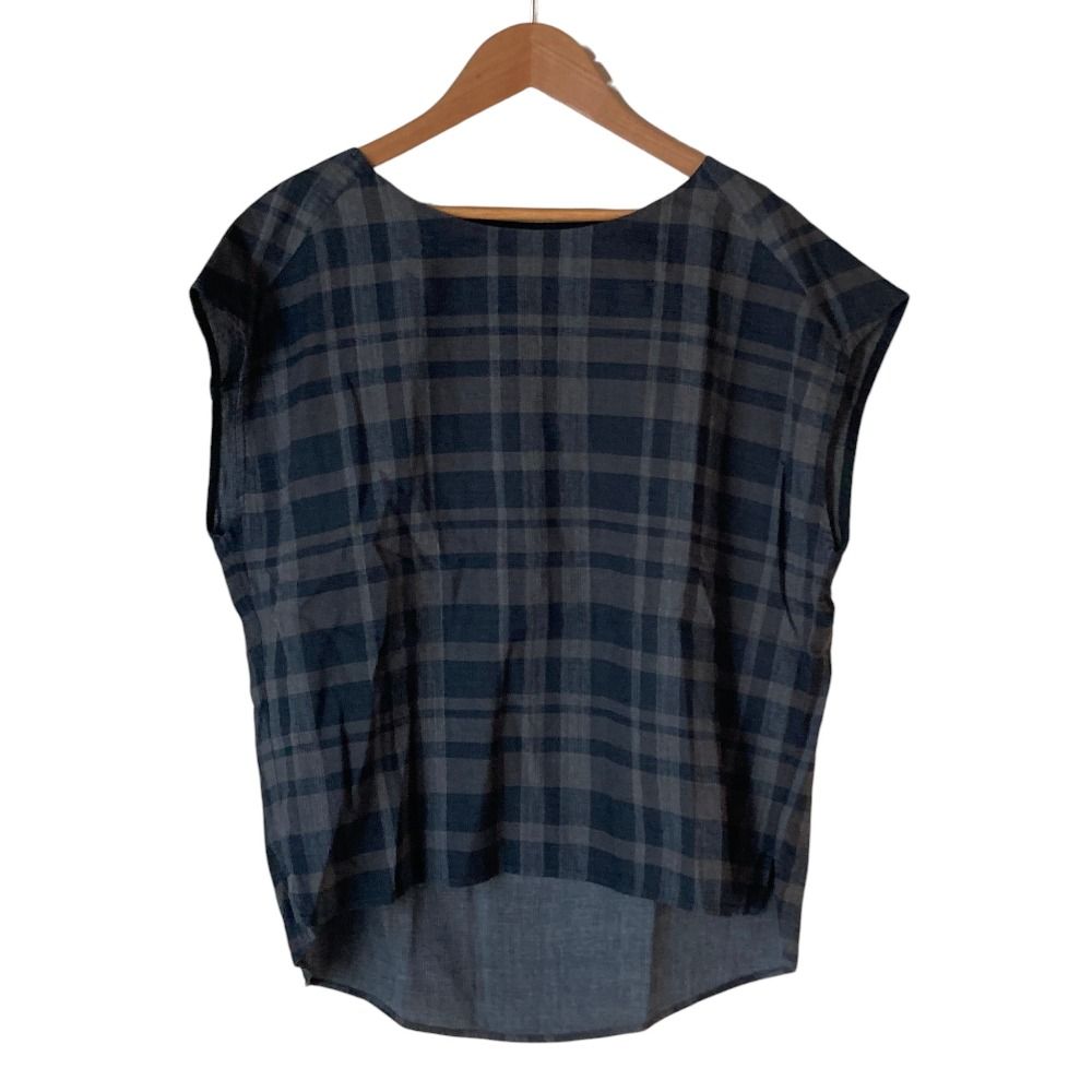 美品 pas de calais パドカレ コットンリネンTOPチェックブラウス 