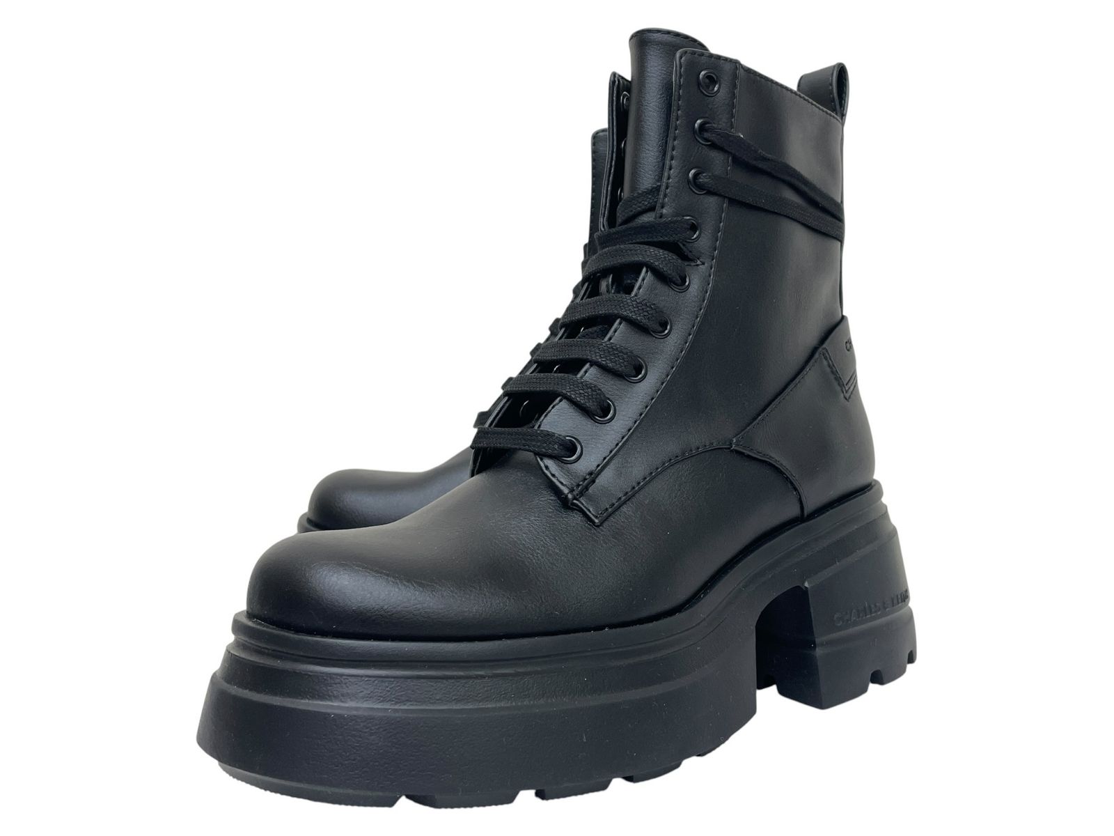 CHARLES&KEITH (チャールズアンドキース) レースアップ チャンキーアンクルブーツ サイドジップ レザー 90900135 36 (23cm) ブラック レディース/045