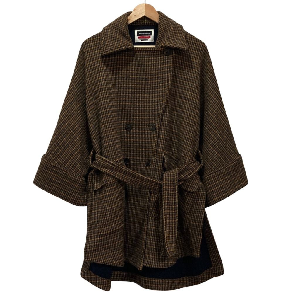 美品 MAISON SPECIAL メゾンスペシャル ワイドスリーブ ウール ダブルブレストジャケット 21202165116 サイズF ブラウン イエロー レディース 古着 中古 USED