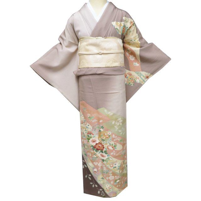 訪問着 着物 中古 正絹 袷 フォーマル 紋付 金駒刺繍 花の図 薄柿色 梅