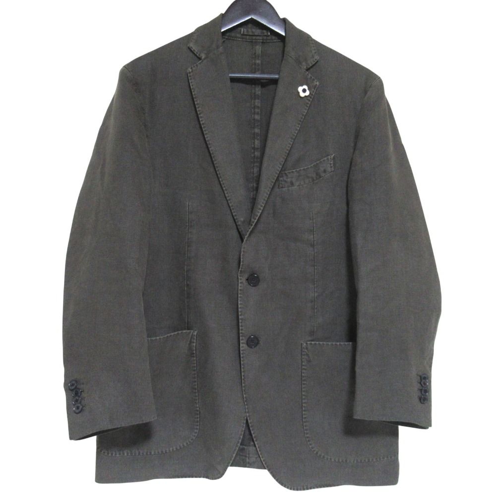 美品 LARDINI ラルディーニ リネン100％ シングル テーラードジャケット サイズ48 カーキグリーン メンズ 古着 中古 USED