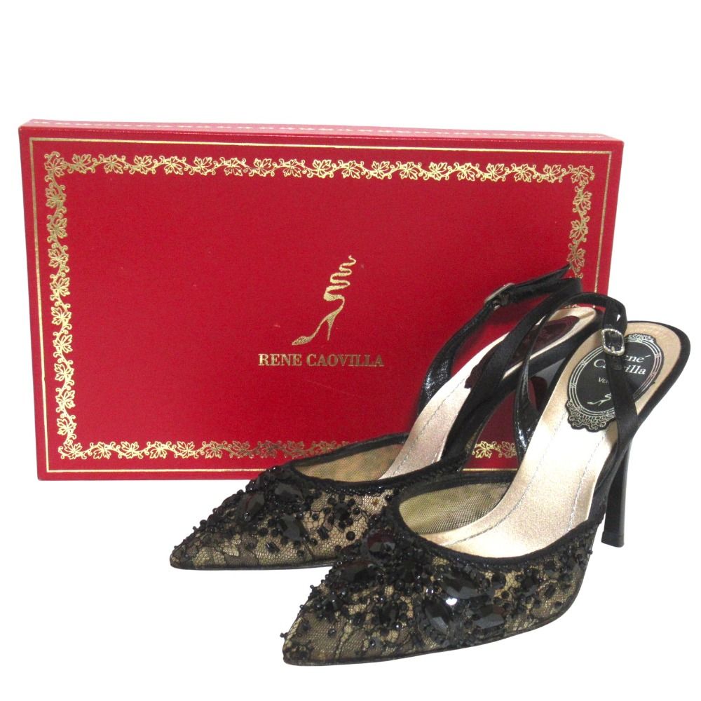 Rene’ Caovilla レネカオヴィラ　スリングバック　ミュール　ヒール 美品 Rene Caovilla レネカオヴィラ ビジュー装飾 レース ポインテッド