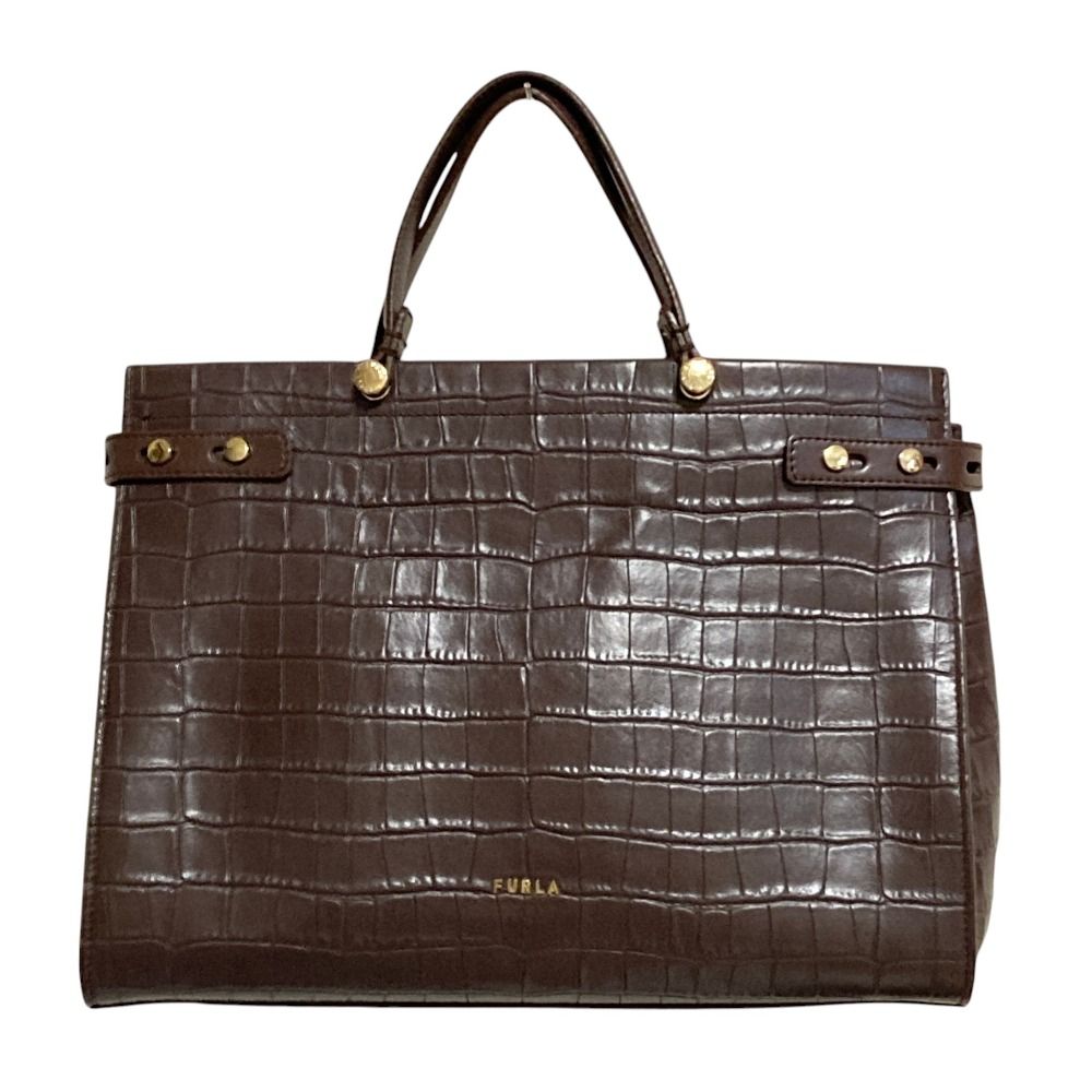 良品 FURLA フルラ Lady レディ クロコ型押しレザー 2way トート ショルダーバッグ ブラウン レディース 古着 中古 USED
