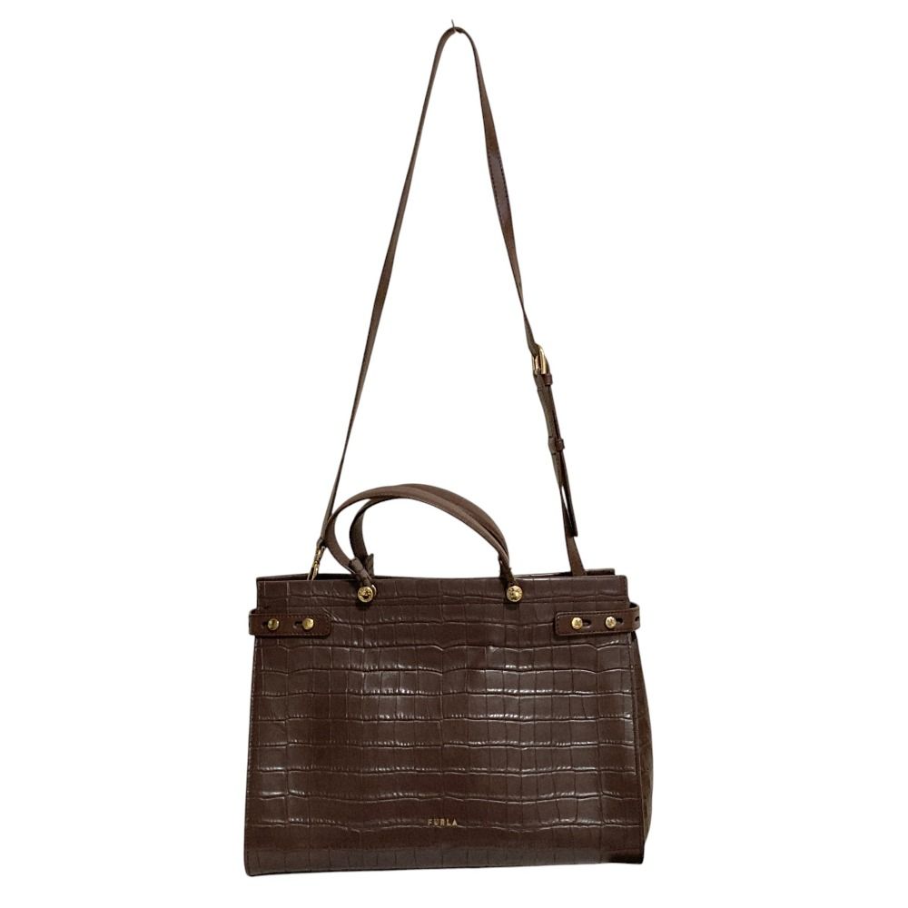 FURLA クロコ型押し ショルダーバッグ ブラウン